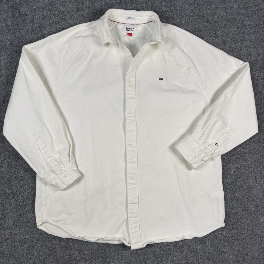 Tommy Jeans Oversized Denim Shirt Mens Large White Embroidered Big Back Logo